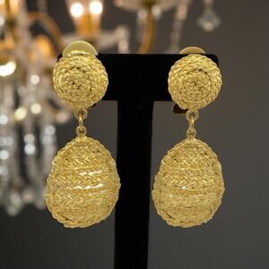 RARE Matte Gold Tone Braided Woven Drop Clip On Earrings